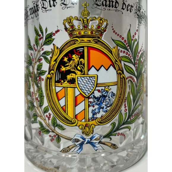 Vintage German Glass Beer Stein With Lid & Bavaria Coat Of Arms Design - Picture 2 of 10
